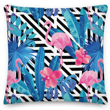 Load image into Gallery viewer, pink flamingo and blue tropics cushion
