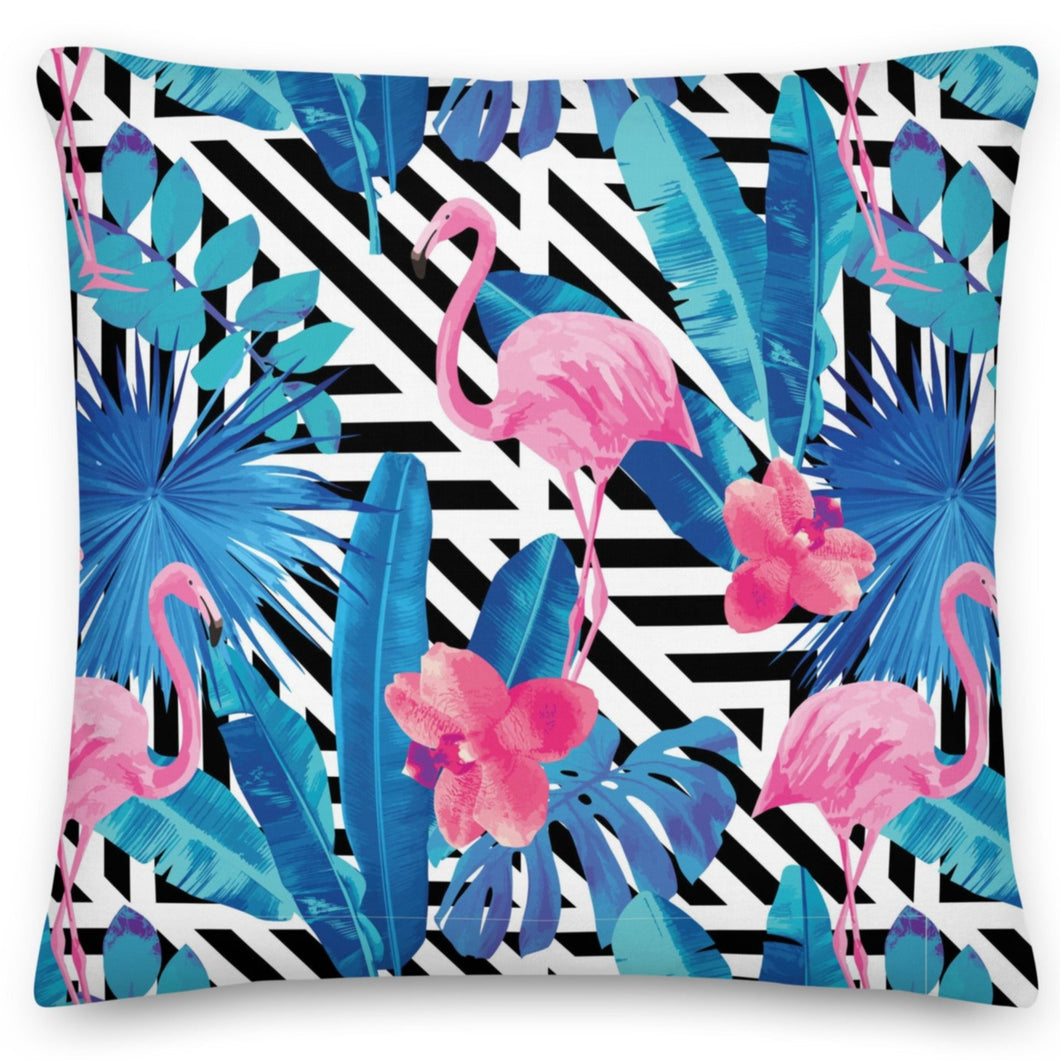 pink flamingo and blue tropics cushion