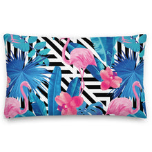 Load image into Gallery viewer, pink flamingo and blue tropics pillow
