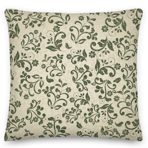 vintage floral olive green square cushion