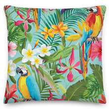 Load image into Gallery viewer, Parrots in the jungle Blue cushion
