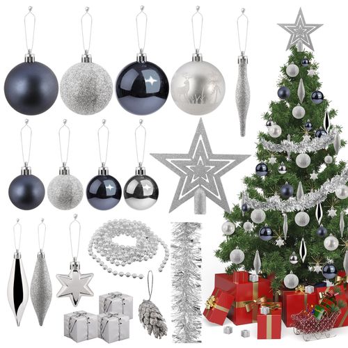 62 PC Silver And Navy Christmas Baubles Set