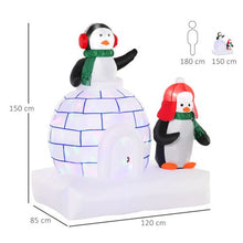 Load image into Gallery viewer, 5 ft Christmas Inflatable Penguins Wearing A Scarf With Ice House In &amp; Outdoors
