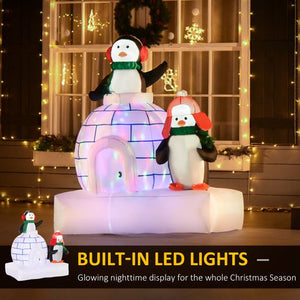 5 ft Christmas Inflatable Penguins Wearing A Scarf With Ice House In & Outdoors