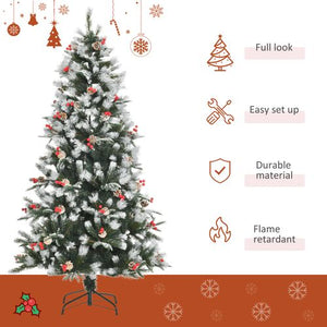 6FT Artificial SnowDipped Christmas Tree Foldable Berries White Pinecones Green