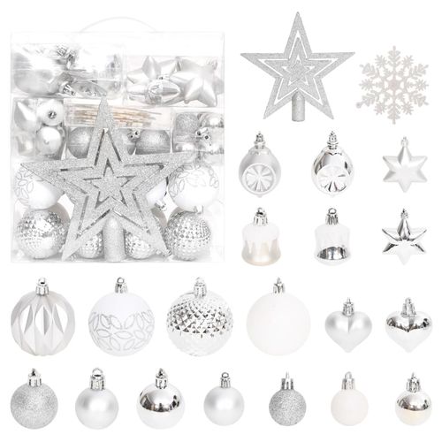 70 Piece Shatterproof Silver And White Christmas Bauble Set