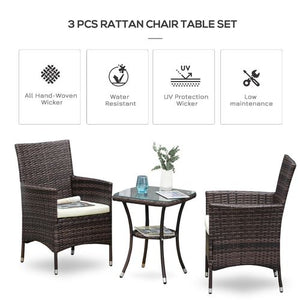 3 Pcs Brown Rattan Bistro Set: 1 x Table, 2 x Chairs