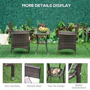 3 Pcs Brown Rattan Bistro Set: 1 x Table, 2 x Chairs