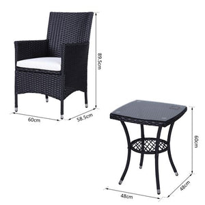 3 Pcs Black Rattan Bistro Set: 1 x Table, 2 x Chairs