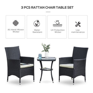 3 Pcs Black Rattan Bistro Set: 1 x Table, 2 x Chairs