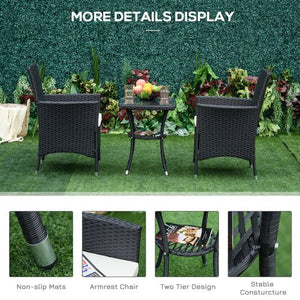 3 Pcs Black Rattan Bistro Set: 1 x Table, 2 x Chairs