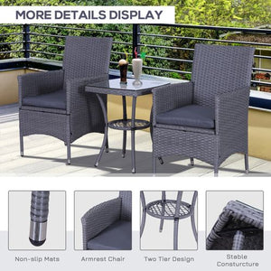 3 Pcs Grey  Rattan Bistro Set: 1 x Table, 2 x Chairs