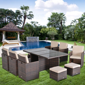 11pc Rattan Garden Dining Set 10 Cube Sofa 6 Chairs 4 Footrests & 1 Table - Brown - gardening dream