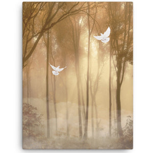 doves flying in the forest wall art canvas