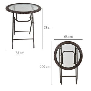 Outsunny Folding Round Glass Table with Brown Rattan Edging