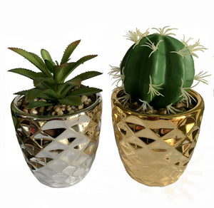 15 cm Set of Two Silver and Gold Ceramic Planters with Artificial Cactus and Dracaena