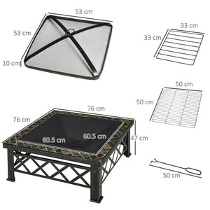 Square Garden Fire Pit / BBQ With Poker Mesh Cover Log Grate