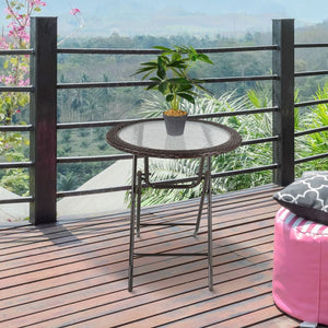 Outsunny Folding Round Glass Table with Brown Rattan Edging