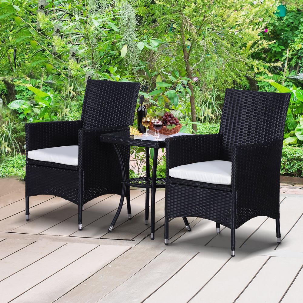 3 Pcs Black Rattan Bistro Set: 1 x Table, 2 x Chairs