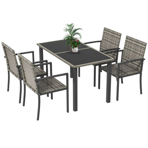 Outsunny 4 Seater Garden Dining Set - Grey Rattan Garden Furniture Set with Glass Tabletop