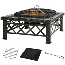 Load image into Gallery viewer, Square Garden Fire Pit / BBQ With Poker Mesh Cover Log Grate
