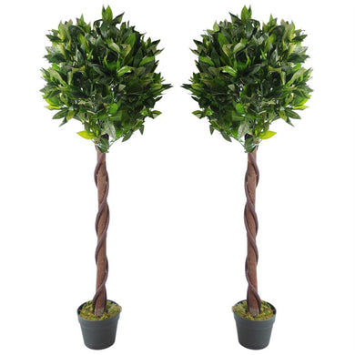 Pair of 120 cm ( 4 ft ) Twisted Stem Artificial Topiary Bay Laurel Ball Trees