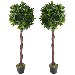 Pair of 120 cm ( 4 ft ) Twisted Stem Artificial Topiary Bay Laurel Ball Trees