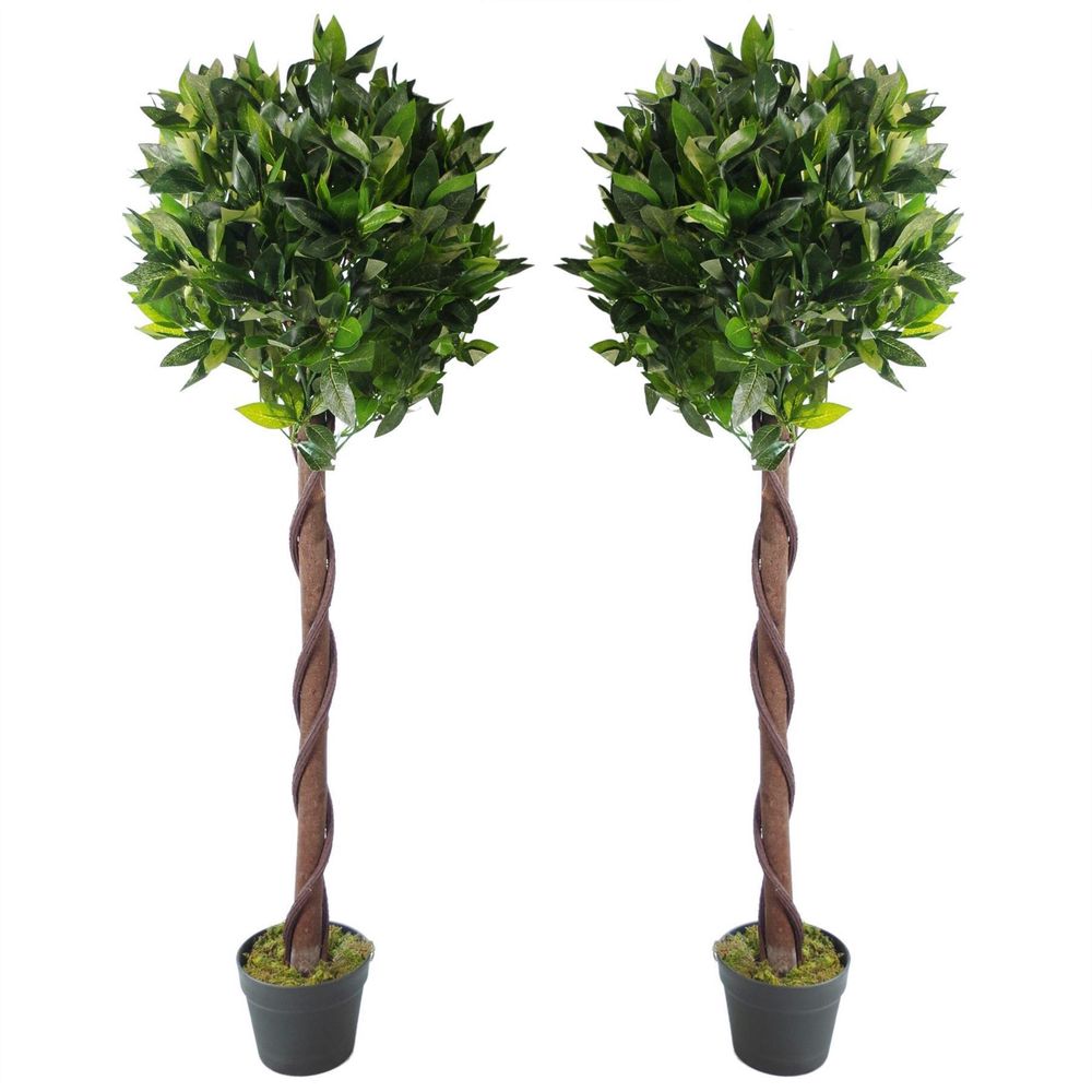 Pair of 120 cm ( 4 ft ) Twisted Stem Artificial Topiary Bay Laurel Ball Trees