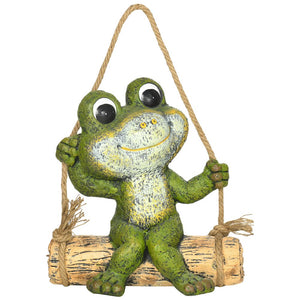 Hanging Garden Statue, Vivid Frog on Swing Art Sculpture Indoor Outdoor Ornament