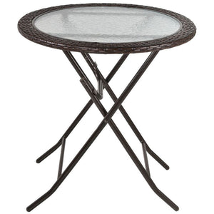 Outsunny Folding Round Glass Table with Brown Rattan Edging