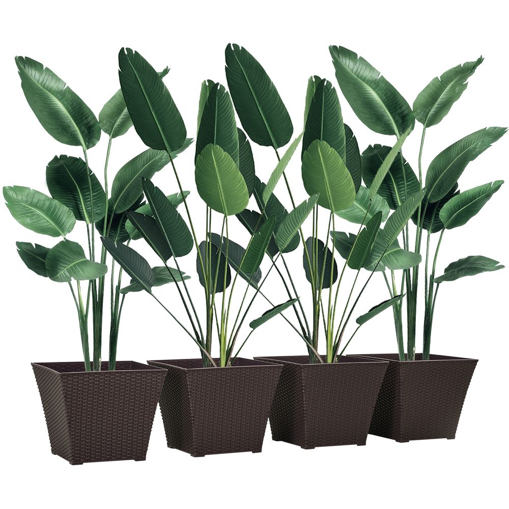 Outsunny Rattan 4 Pack Brown Plant Pots  Indoor/Outdoor