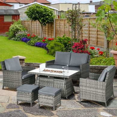 Outsunny Rattan Garden Furniture Sofa Set Armchairs Footstools Fire Pit Table