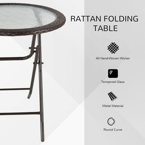 Outsunny Folding Round Glass Table with Brown Rattan Edging