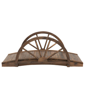 wooden garden bridge with wagon wheels