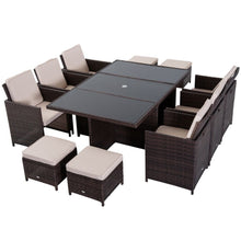 Load image into Gallery viewer, 11pc Rattan Garden Dining Set 10 Cube Sofa 6 Chairs 4 Footrests &amp; 1 Table - Brown
