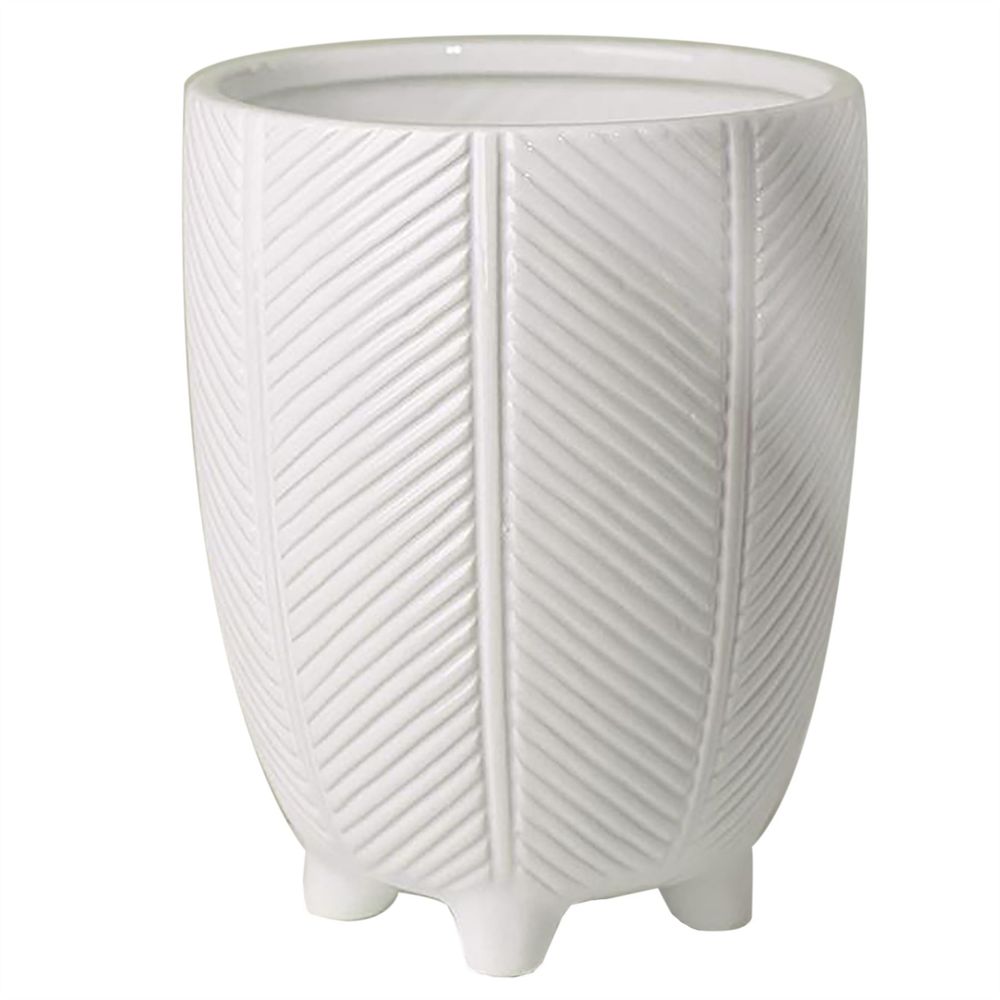 Tall Ceramic Planter Plant Pot With Feet White Stripe 15 x 15 x 19cm